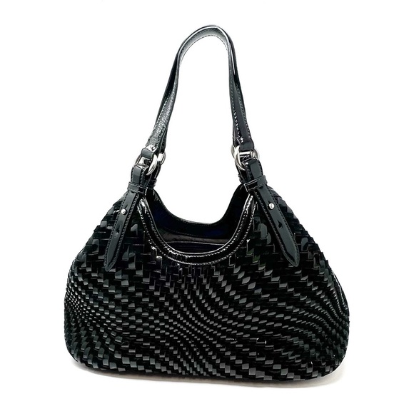Cole Haan Genevieve Weave Large Triangle Tote Black Suede & Patent Leather EUC - Picture 1 of 9